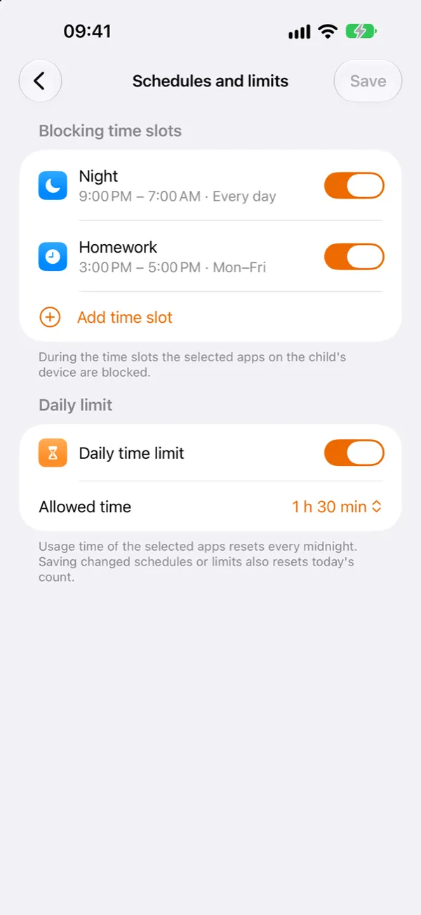 SafeKids Schedules and limits screen