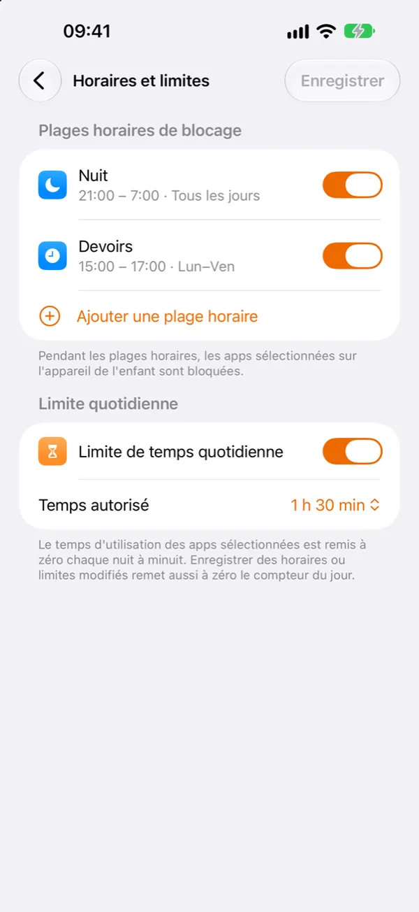 Écran Horaires et limites de SafeKids