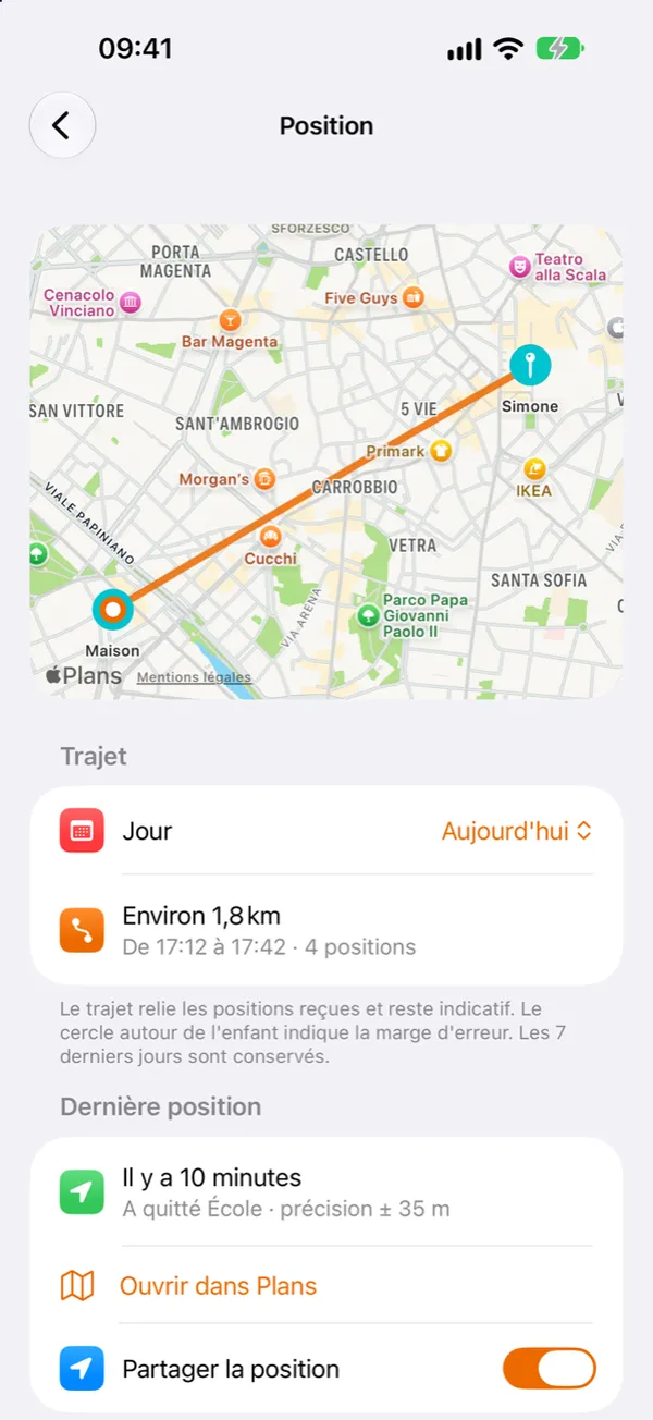Écran Position de SafeKids avec le trajet sur la carte